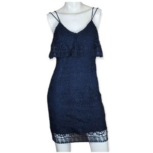 J.O.A. Navy Lace Spaghetti Strap Ruffle Bust Evening Sheath Dress, EUC, size S